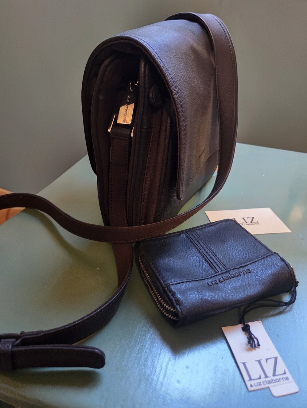 Vintage Liz Claiborne Classic Dark Brown  Shoulder Bag With NWT Black Wallet